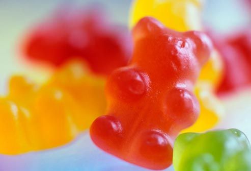 Red, orange, green Gummy bear candies